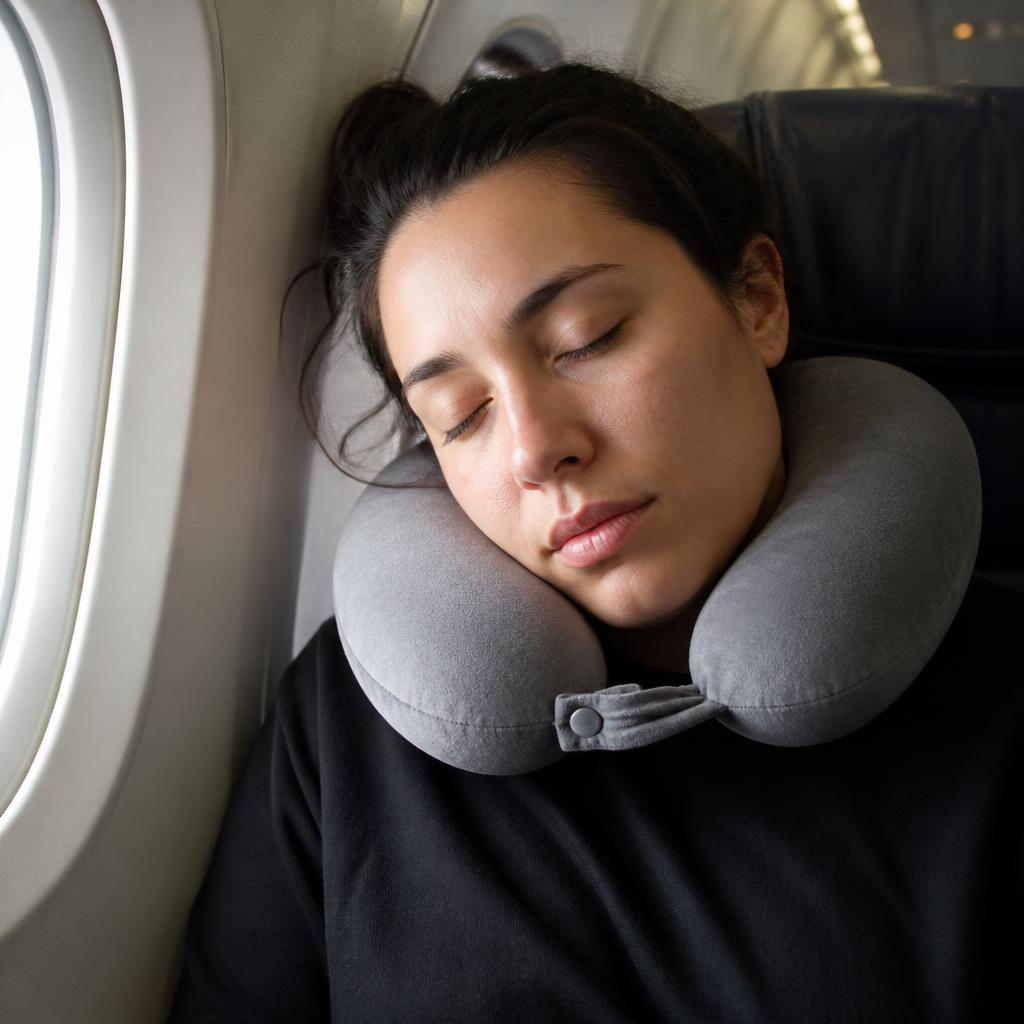 Kvinna sover på flygplan med resekudde
